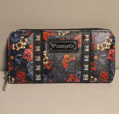 Loungefly Black Floral Skull Studded Zip-Around Wallet w/ Credit Card