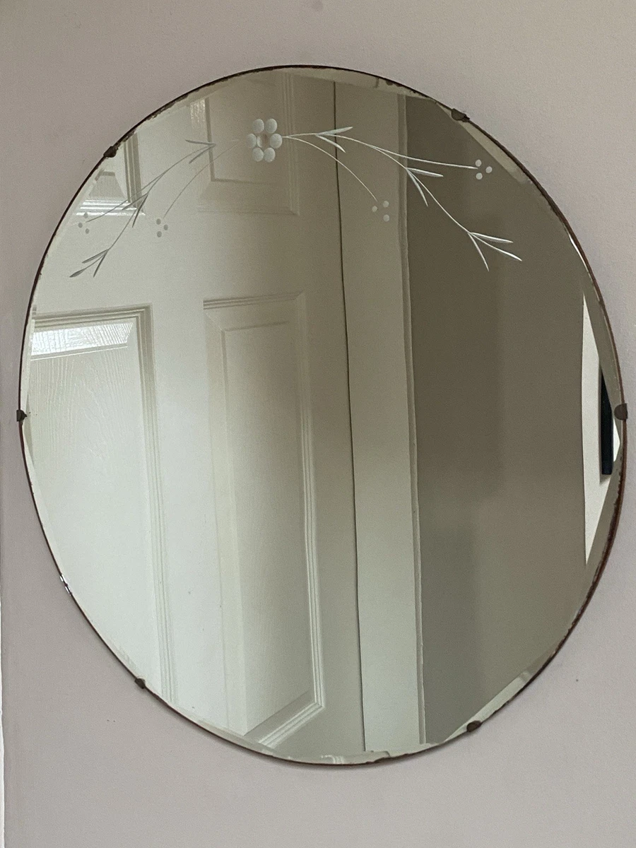 Art Deco Mirror 1930s Etched Frameless Scalloped Round Bevel Edge Vintage