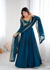 Beautiful Faux Georgette Teal Blue Gown Bottom With Dupatta For Party Wear