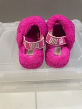 UGG Fluff Yeah Pink Fluffy Fur Strap Logo Slingback Slippers Sandals Kids Size 2