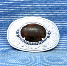 Western Floral Scroll Belt Buckle Cowboy Moss Agate Cowgirl Vtg 80s .CPA722