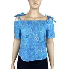New A.N.A. A New Approach Nova Floral Women's Blue Cold Shoulder Tie Strap Top M