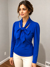amisa Womens L Blue Solid Pullover Blouse Lon...