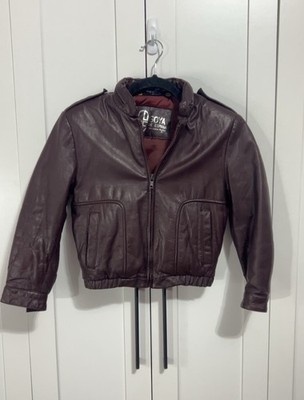 Vintage Kids Small Goya de Espana Leather Bomber Jacket Brown Red Aviation Pilot