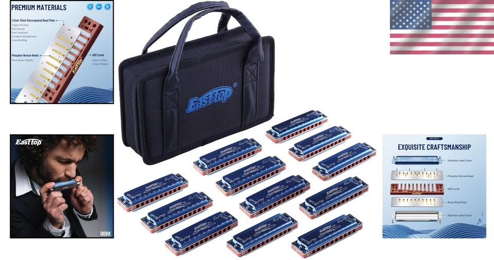 Portable Blues Harmonica Set of 12 - Professional Quality, Blue Case Included - Image 2 of 4