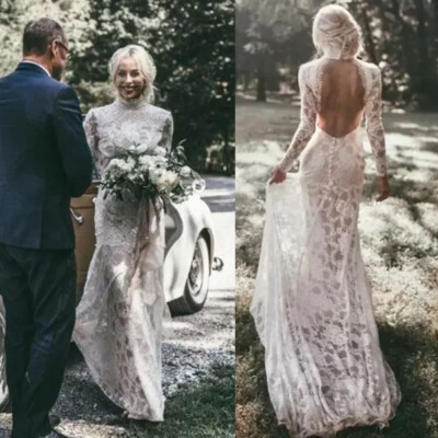 Bohemian Long Sleeves Wedding Dresses For Women Boho High Neck Lace  Backless | eBay
