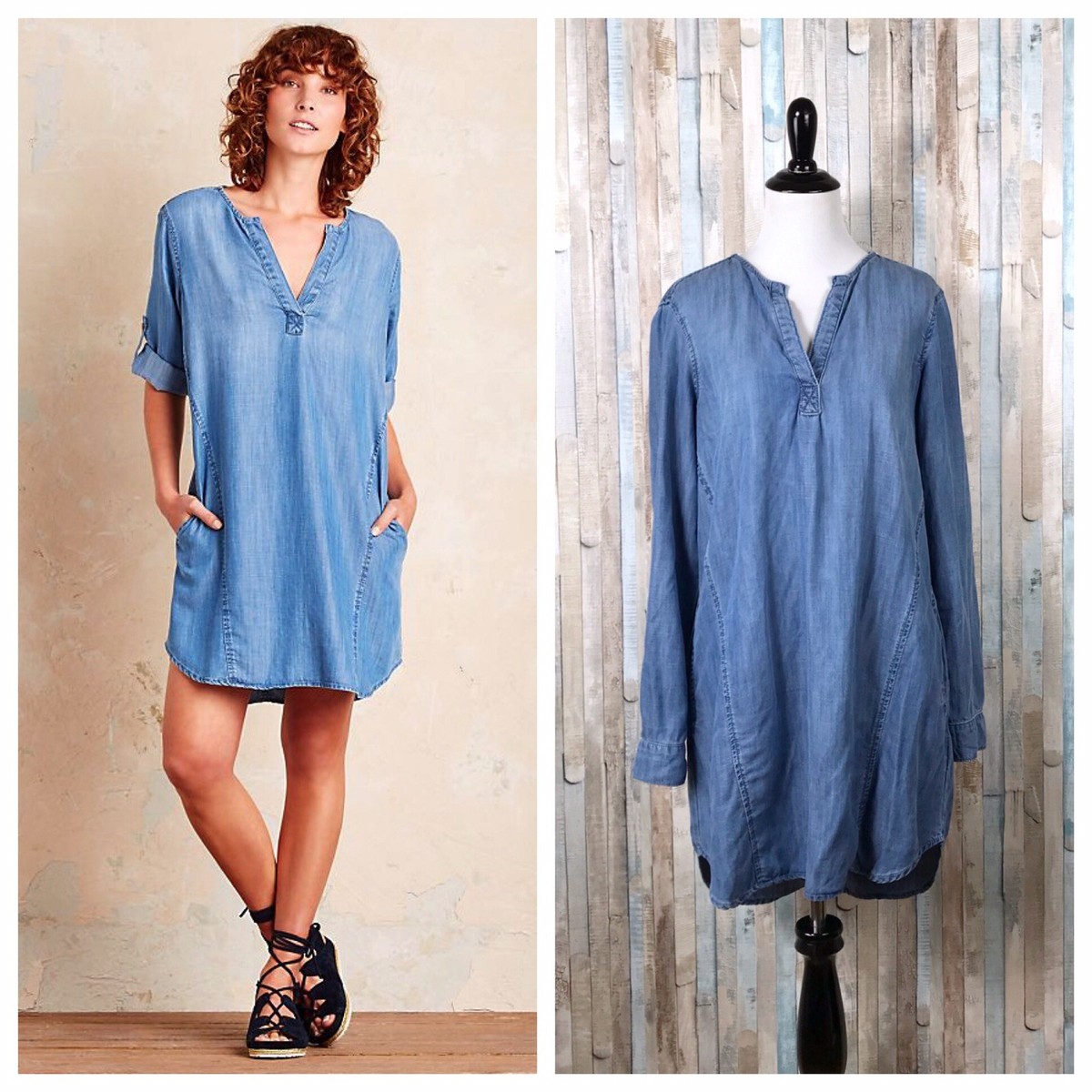 Anthropologie S Cloth Stone Elena Chambray Denim Tencel Mini Tunic