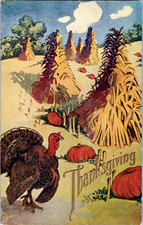 Vintage Thanksgiving Postcard Turkey Haystack...