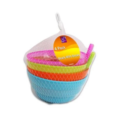 T&T 4 x Sip-a-bowl Cereal Bowl for Kids Plastic Soup Bowl with Built in Straw