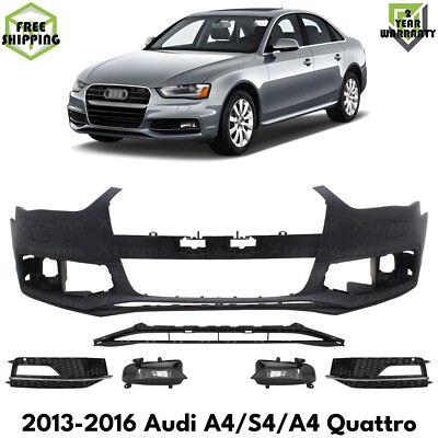 Front Bumper Cover Primed & Fog Lights Kit For 2013-2016 Audi A4/S4/A4 Quattro