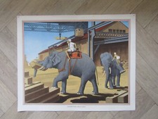 Antique School educational Lithograph Print - Elephants piling Teak in Burma