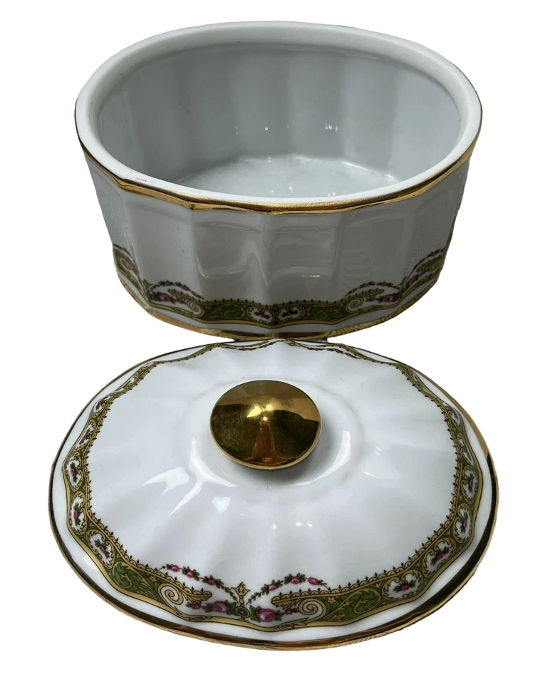 Contenedor de bolas de algodón de porcelana LABRAZEL con tapa detalle floral dorado Portugal Foto 2 de 2