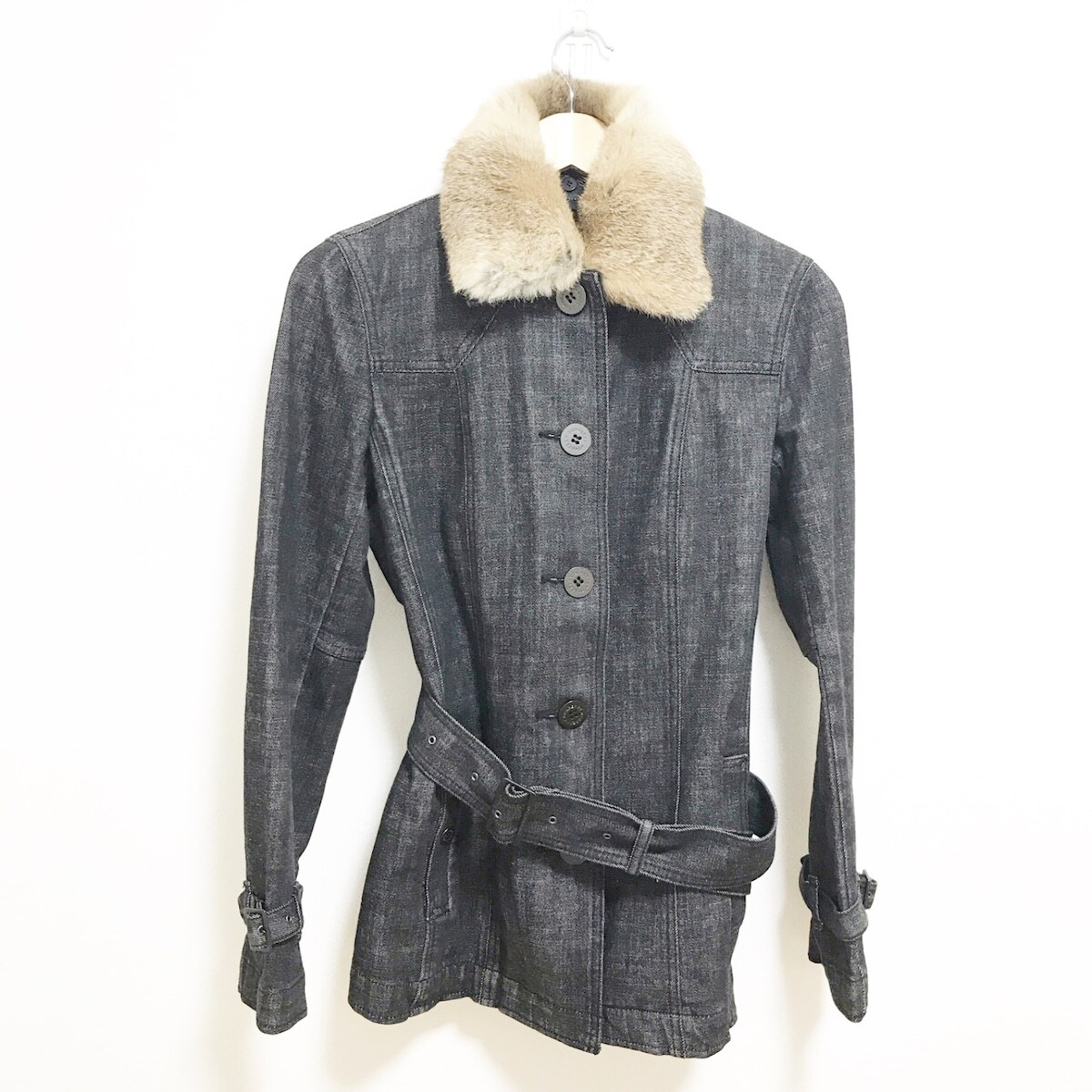Burberry London Black Denim Long Sleeve Coat Rabbit Fur Used