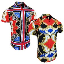 Mens Short Sleeve Shirt Luxury Colorful Floral Prints Stretch Slim Fit Button