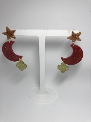 Handgefertigte Ohrringe- Mond-Stern-Wolke-glitzernd-rot-gold