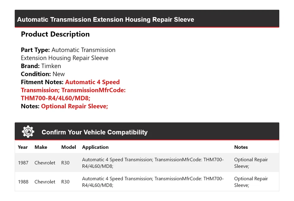 For 1987-1988 Chevrolet R30 Auto Trans Extension Housing Repair Sleeve Timken - Image 2 of 4
