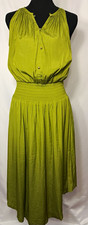 Elie Tahari Green Solid Smocked Button A-Line V-Neck Midi Dress Size XS