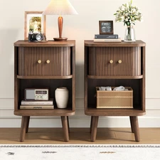 Fluted Nightstand Set of 2, Mid Century Modern Bedside Table with Charging Stati