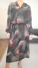 Boutique Privée Robe chemisier midi vintage M ceinturée col noir bordeaux gris