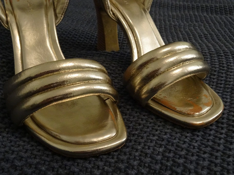 Zapatos Tory Burch para mujer 7,5 dorados tacón grueso tiras metálicas hinchadas damas Foto 3 de 4