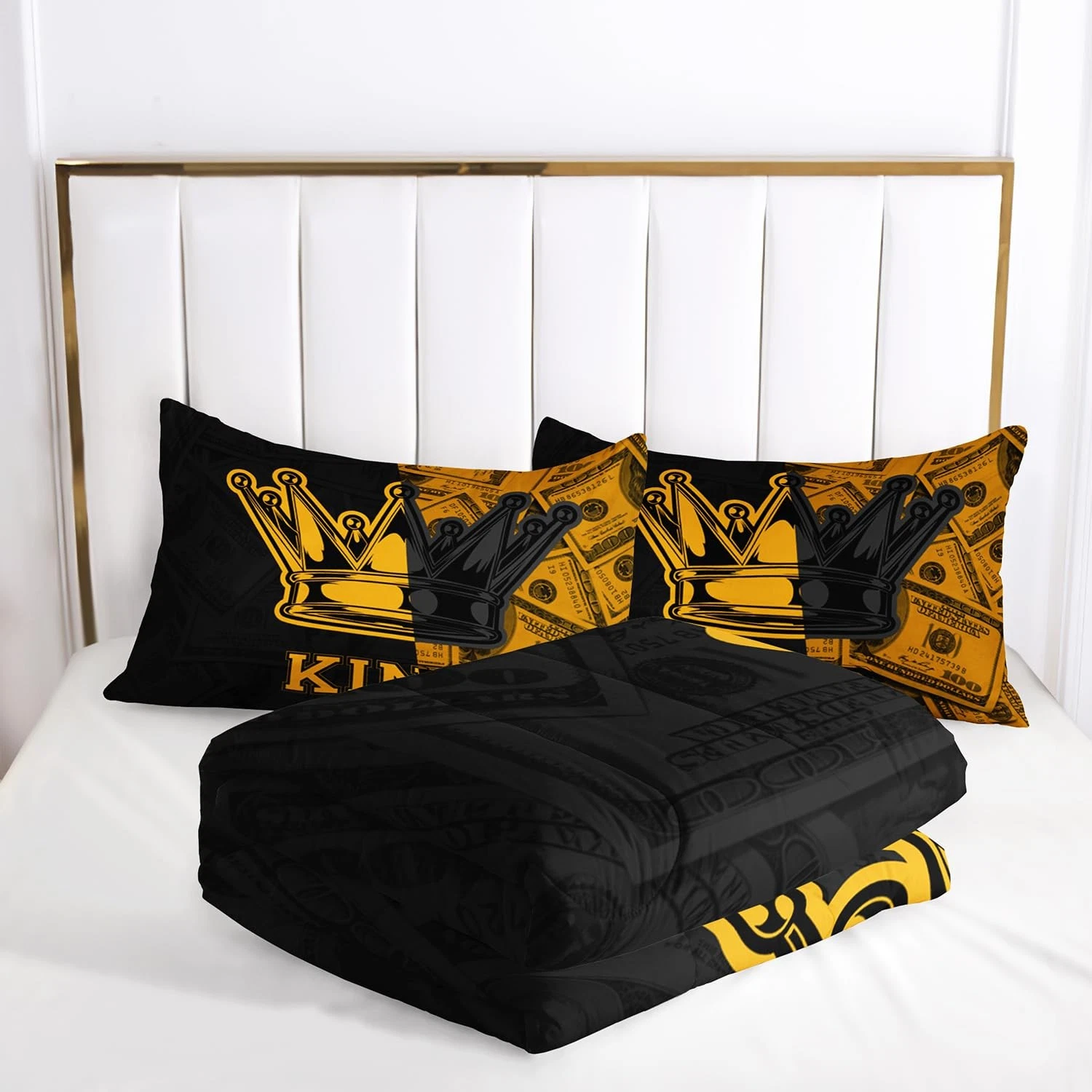 Black and Gold Printed Couple Queen Bedding Set with Crown Design