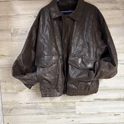 Mountain Club Bomber Jacket Brown  Leather Snap Pockets Sherpa Lined Size L