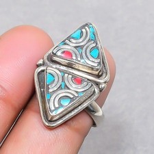 Tibetan Turquoise Coral Handmade Bohemian Jewelry Nepali Adjustable Ring SR 3069
