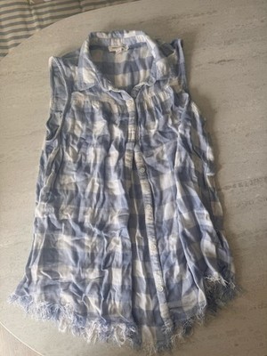 Beach Lunch Lounge Blue White Check Cotton Collared Shirt  Sleeveless large 