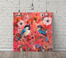 BLUE BIRDS AMONG RED FLOWERS SQUARE CANVAS ART FLOAT EFFECT/FRAME/POSTER PRINT