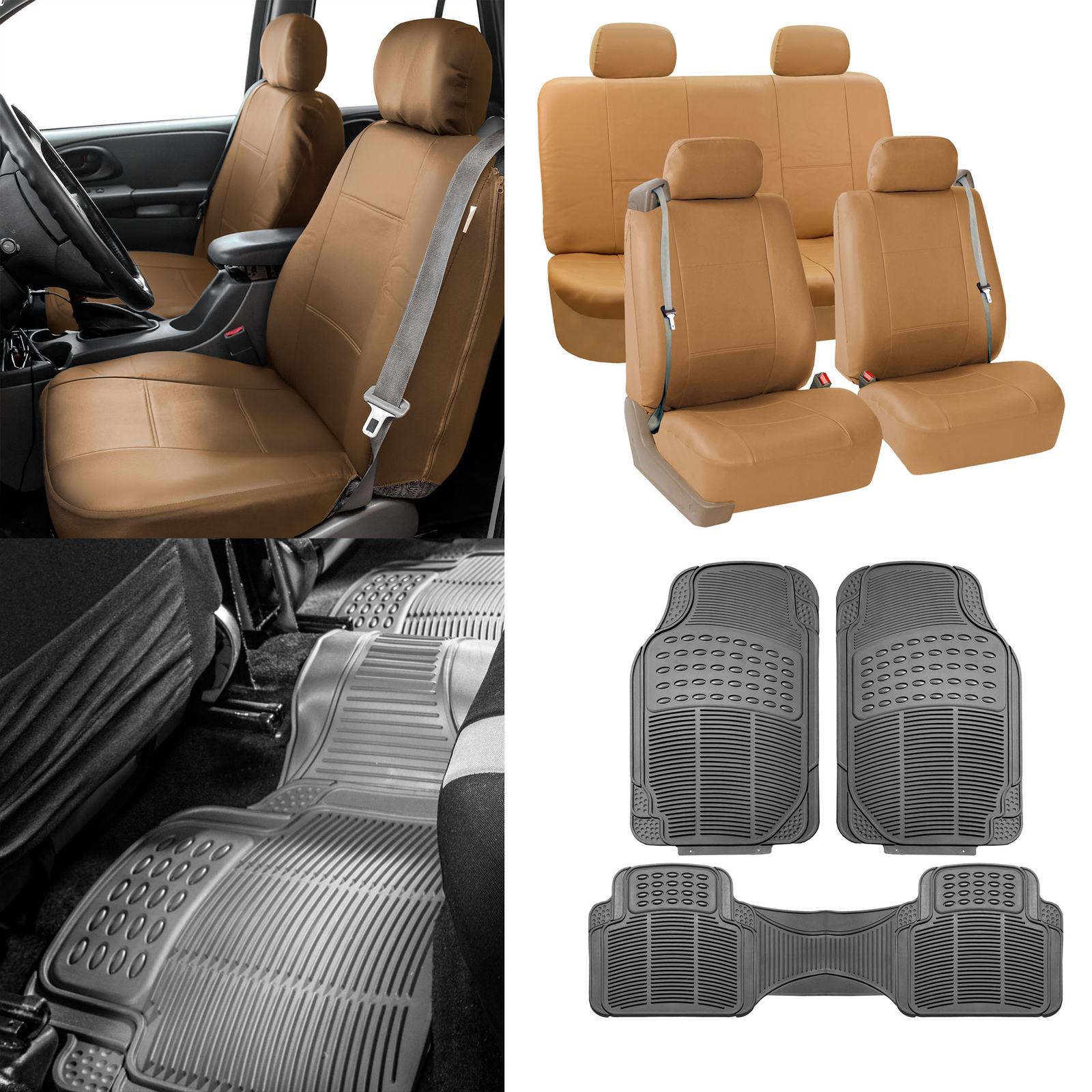 Tan Integrated Seatbelt Truck SUV Seat Covers w/ Gray Floor Mats