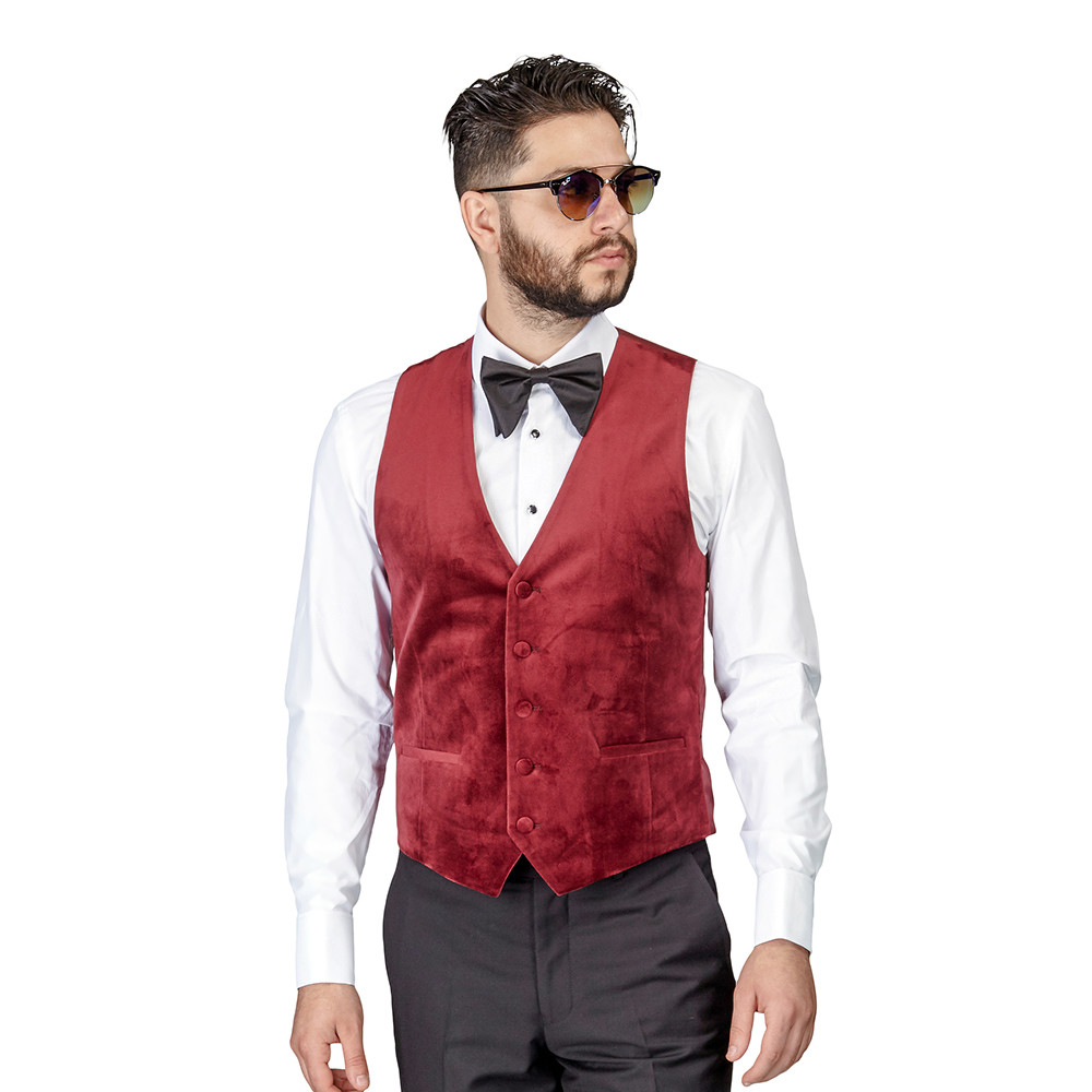 Burgundy VELVET Dress Vest 5 Button V Neck Adjustable Back Strap Formal  AZARMAN | eBay