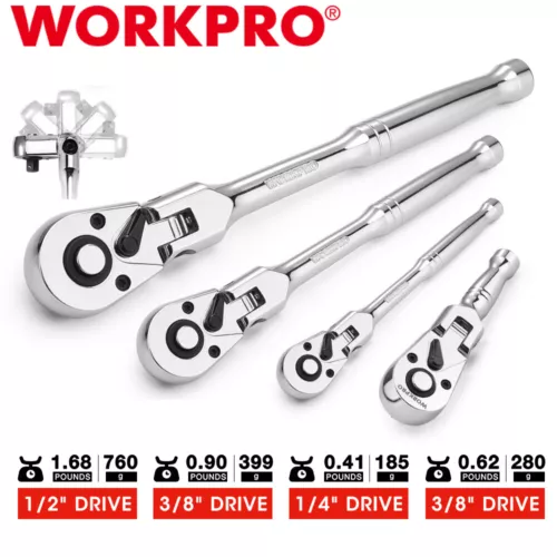 WORKPRO 1/4"/3/8"/1/2"Drive/ 3/8" Stubby Flex Head Ratchet Set 72-Tooth Ratchet
