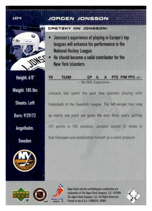 1999-00 Upper Deck Wayne Gretzky #104 Jorgen Jonsson - Image 2 of 2