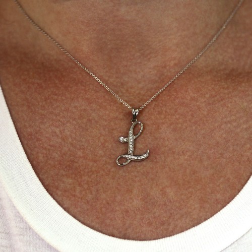 0.1 ctw Natural Diamond Solid 14k White Gold Letter L Initial Drop Pendant 1.1" - Picture 5 of 10