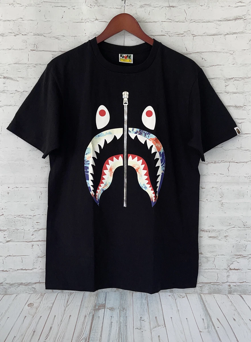 NEW A Bathing Ape Bape Zipper Shark Tie Dye Crewneck T Shirt Black Large