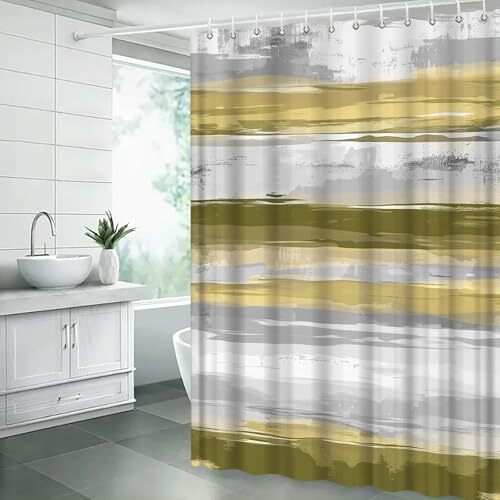 Abstract Gold Gray Shower Curtain Striped Geometric Neutral Aesthetic Waterco... - Picture 3 of 5