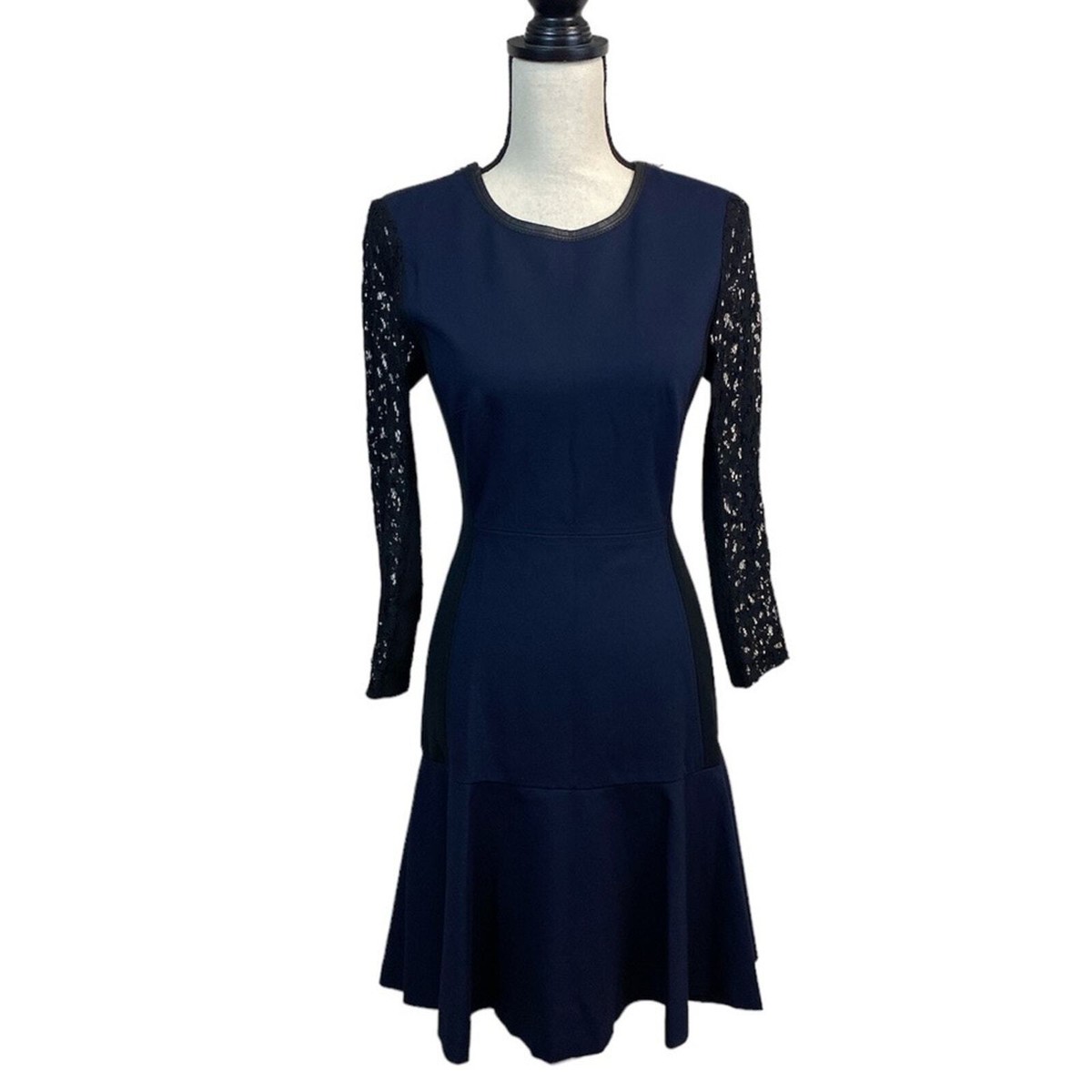 rebecca taylor blue lace dress Rebecca Taylor Navy Lace Sleeve Fit and Dress