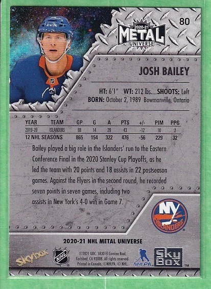 2020-21 Skybox Metal Universe Blue Spectrum #80 Josh Bailey New York Islanders - Image 2 of 2