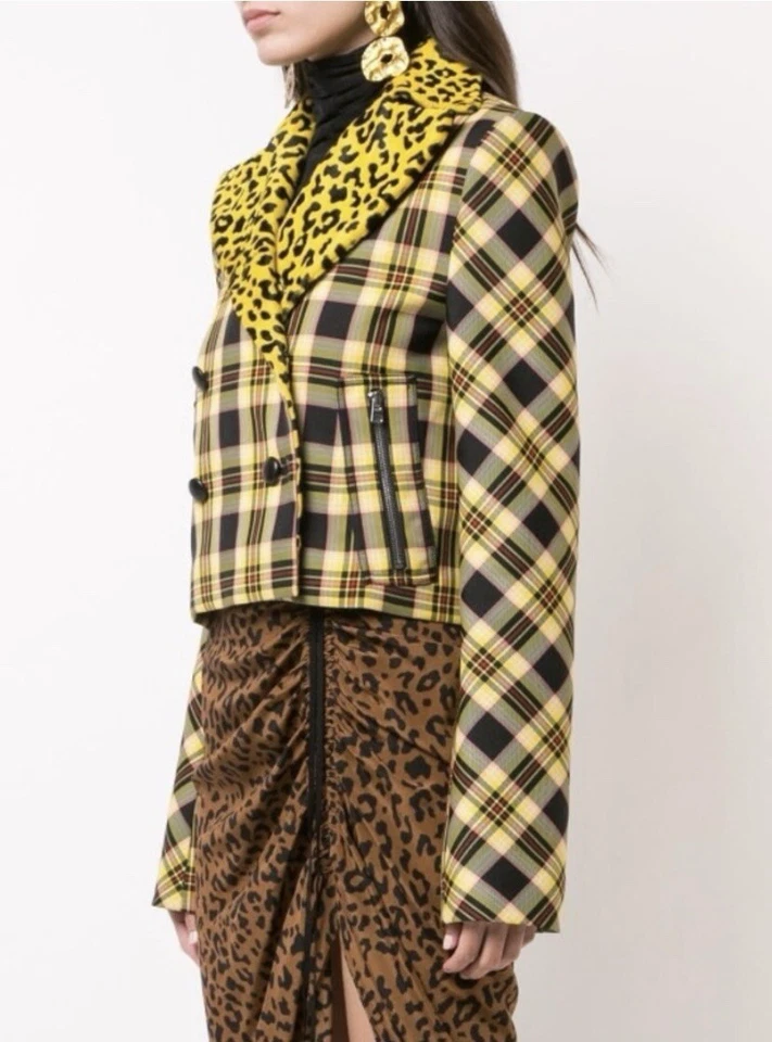 NUEVO CON ETIQUETAS $998 Talla 10 DVF Diane von Furstenberg Chaqueta Recortada Amarilla a Cuadros Leopardo Foto 3 de 4