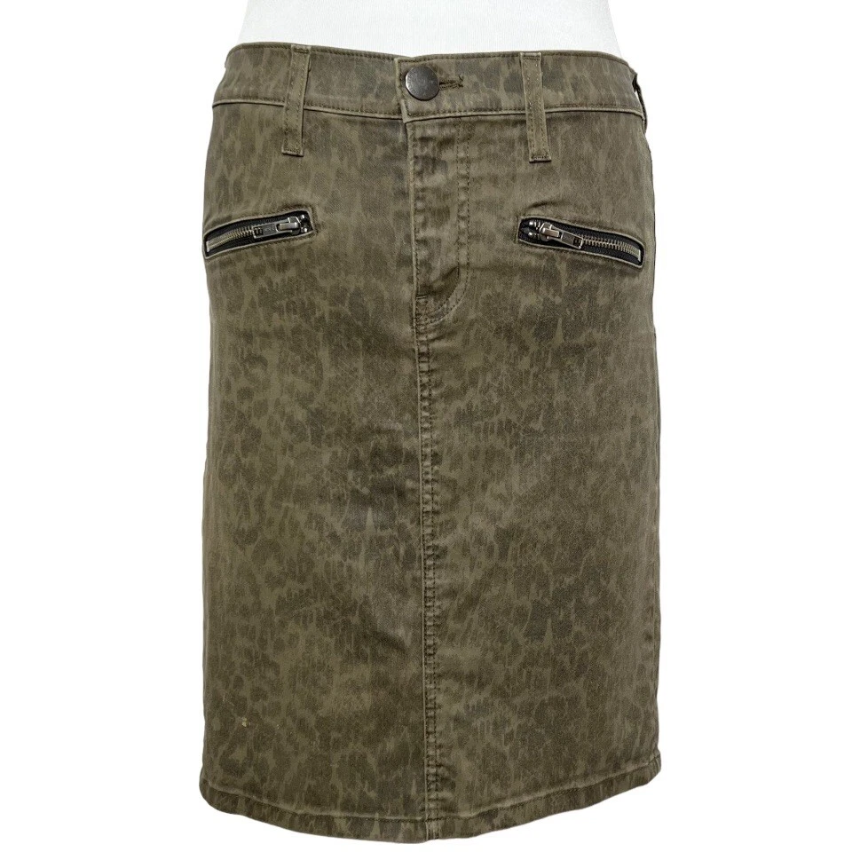 Current/Elliott Leopard Print Army Green Denim Pencil Skirt, Jean Skirt Size 28” - Image 2 of 4