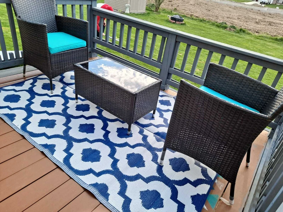 patio rugs 2Pk 5x7 Blue Outdoor Plastic Straw mats Rv camper picnic reversible - Image 2 of 4