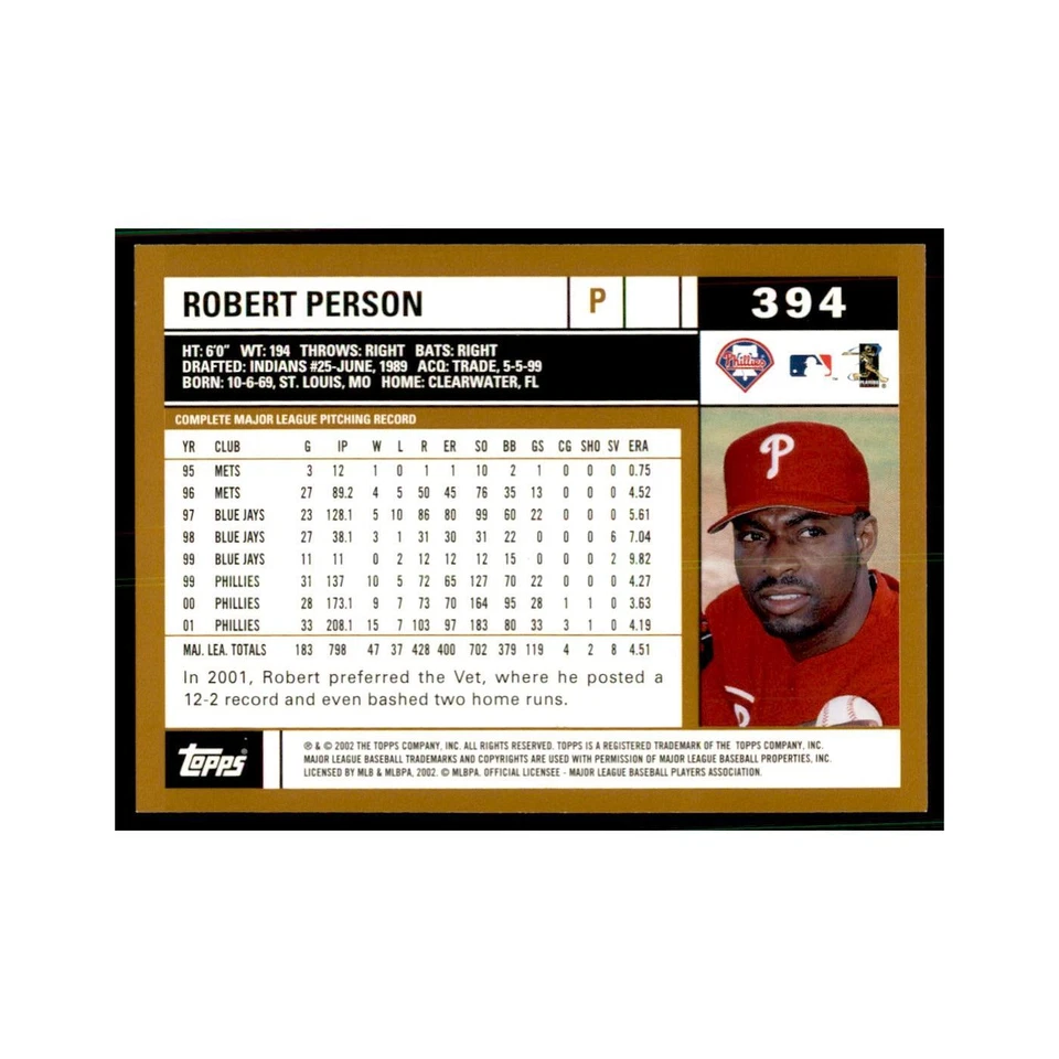 2002 Topps Home Team Advantage Robert Person Baseball Cards #394 - Image 2 of 3