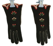 Vintage Mid Century Gloves Size 7.5 Womens Black Red Floral Embroidery CD Osborn
