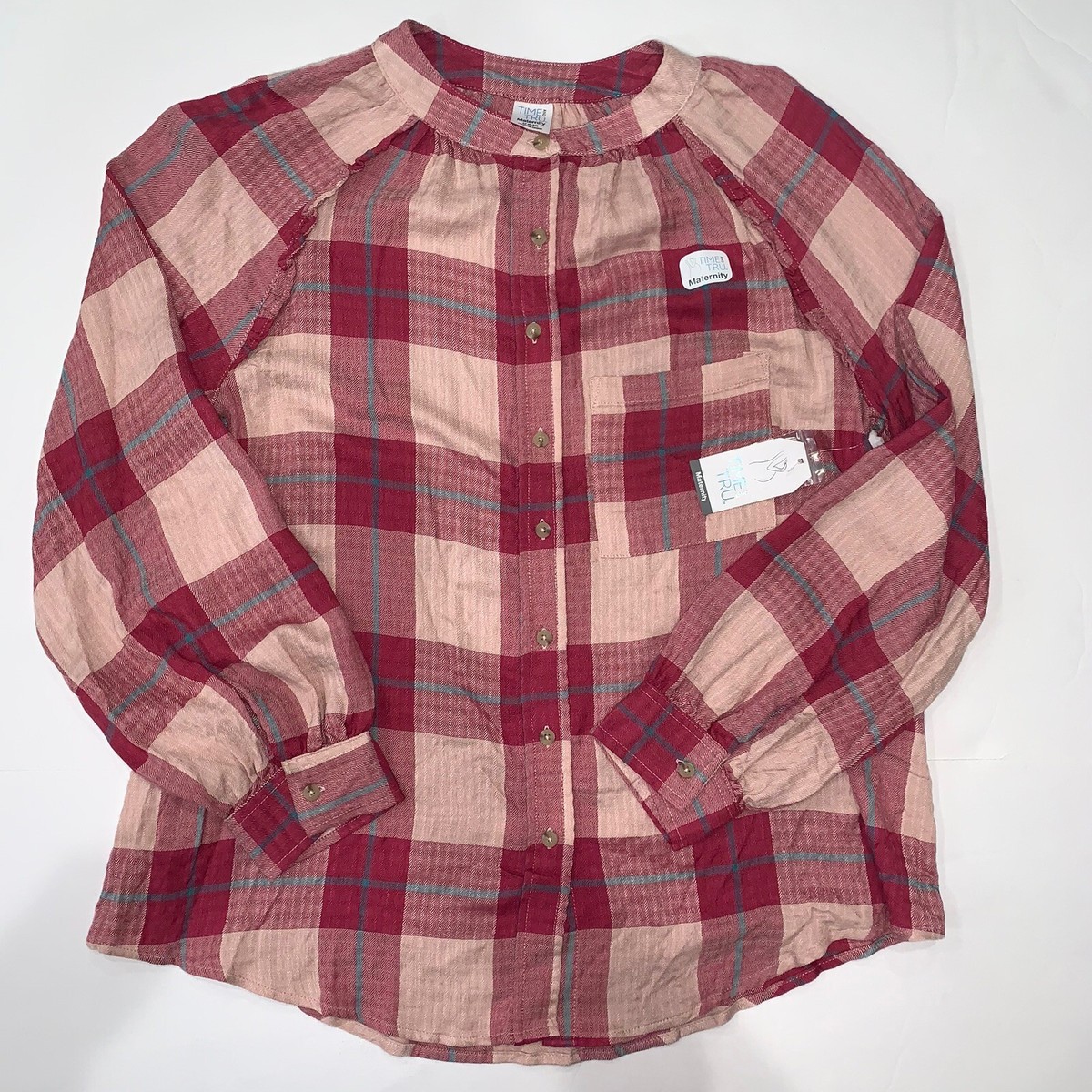 Maternity Blouse Plaid Long Sleeve Button Top Shirt Sz M (8/10) Pink Time  Tru