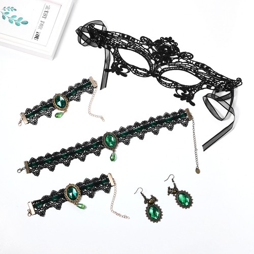4Pcs Gothic Women Black Velvet Choker Lace Mask Skull Earrings Halloween Cosplay - Picture 9 of 15