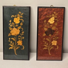 VTG Italian Sorrento Marquetry Inlay Wall Art – Pair of Floral Panels