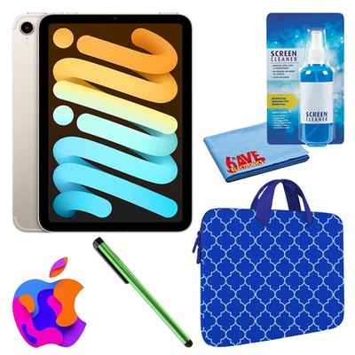 Apple iPad Mini 6 (64GB, Cellular, Starlight) Bundle with Blue Moroccan Sleeve