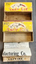 2 Vintage Lazy Ike Large Fishing Lure Boxes & Paperwork ONLY Black Rib BL. SC.