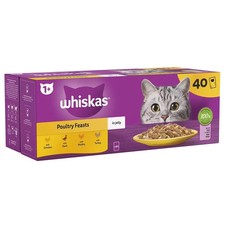 40 x 85g Whiskas 1+ Poultry Feasts Mixed Adult Wet Cat Food Pouches in Jelly 4.47 per kilo