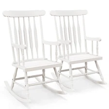 Set of 2 Wood Rocking Chair Porch Rocker Indoor Outdoor Seat Glossy Finish White